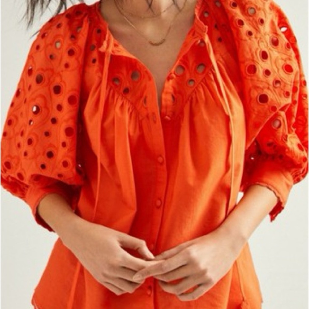 Anthropologie Orange Puff Sleeve Blouse with Bib Collar | Size S